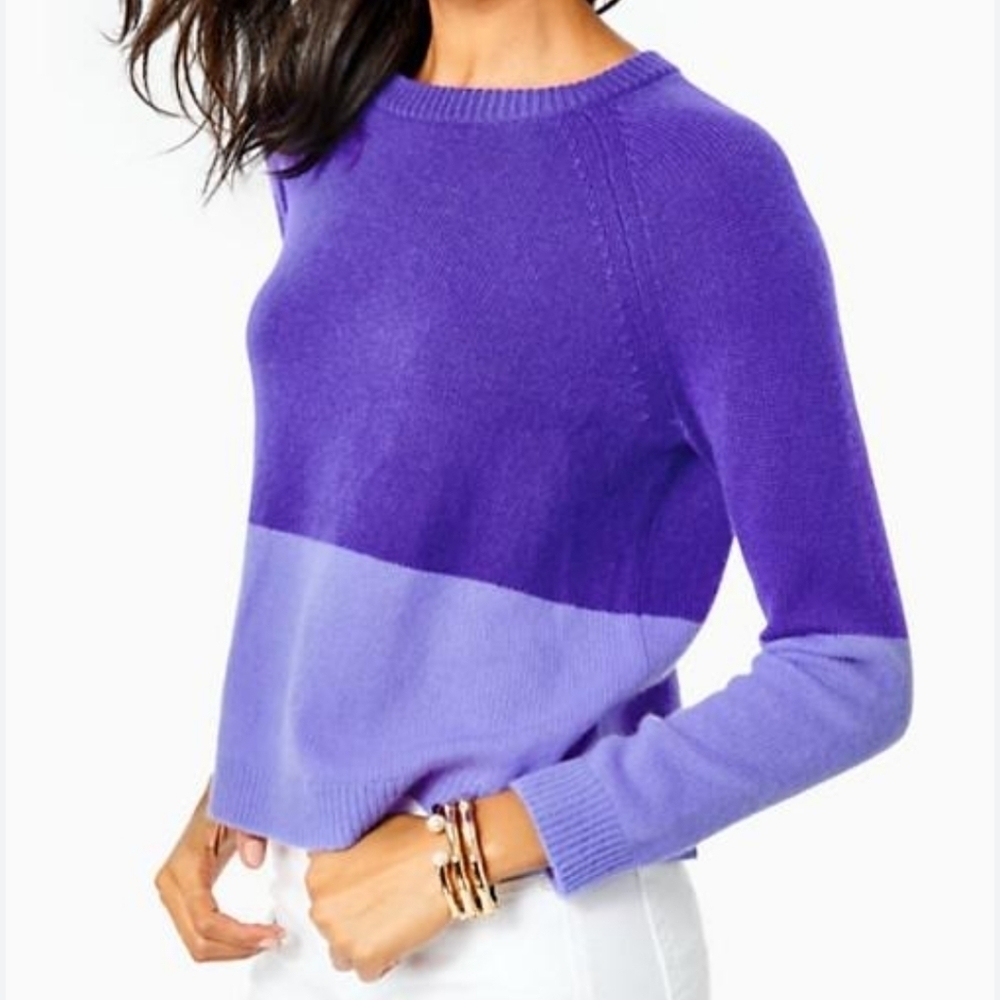 Lilly Pulitzer Purple Colorblock Kinnik Cashmere Crew Pullover Sweater M